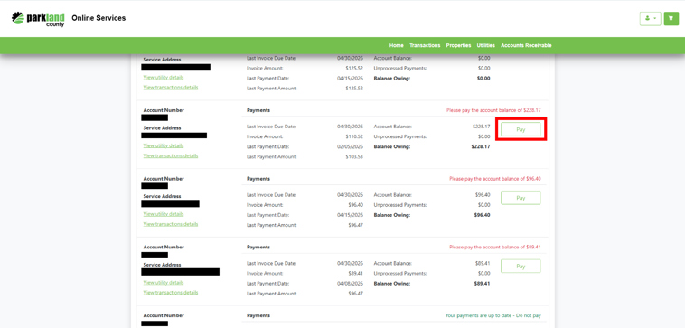 Step 4: Once logged in, scroll to an account with red text that reads, “Please pay the account balance of $...” Click the green Pay button.
