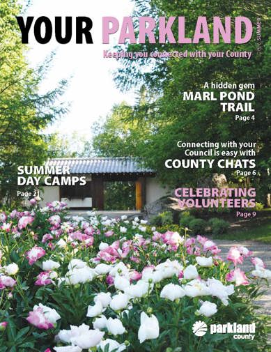 Your Parkland magazine summer 2026 edition cover featuring the Alberta Botanical Gardens entrance with white and pink peonies