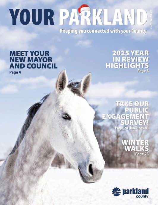 cover of Your Parkland monthly magazine featuring a white horse with a blue sky background
