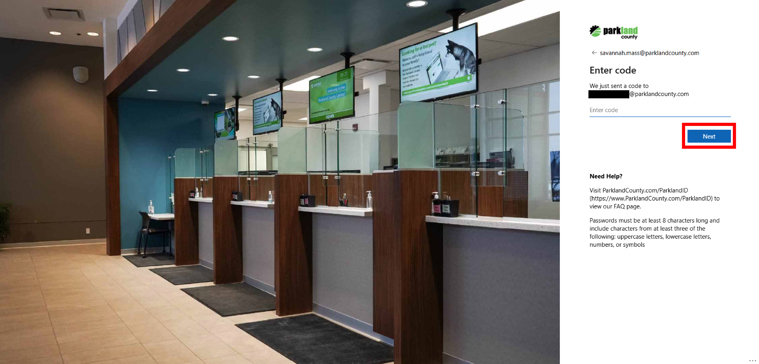 Step 6: Enter the code received to your email address. Then click Next.