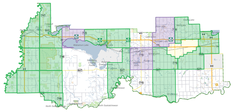 map of Parkland County with green areas showing where weed control work has already taken place, and purple areas showing the focus areas for 2026