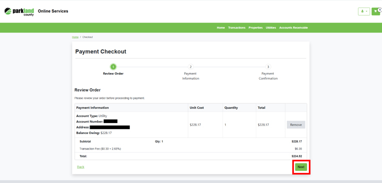 In the Payment Checkout, review the total once again, click Next. Enter your Contact and Billing information. Check the acknowledgement box at the bottom, under Total.* Click Pay.