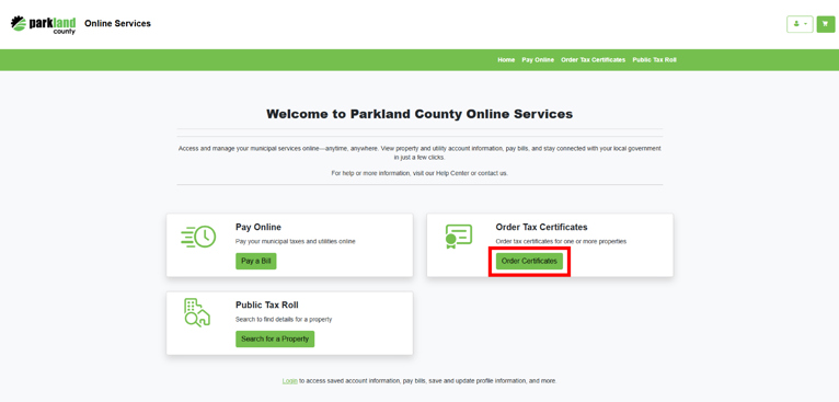 Step 2: You’ll be able to find a property using either the Roll Number or Address. If you do not know the Legal Address, start by clicking “Search for a Property.” If/when you have one or both of these options, proceed to “Order Certificates.”